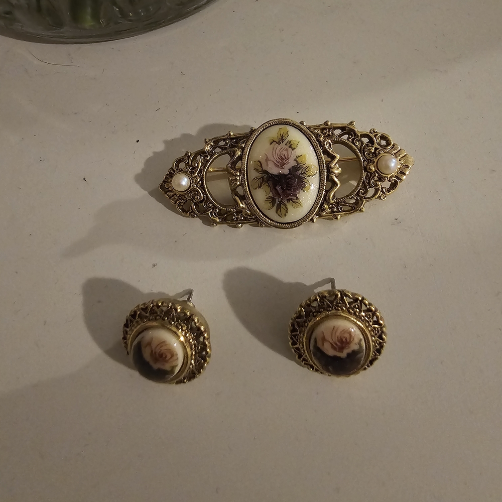 Vintage Floral Porcelain Cameo Brooch and Earrings Set - Gold Tone, Ivory